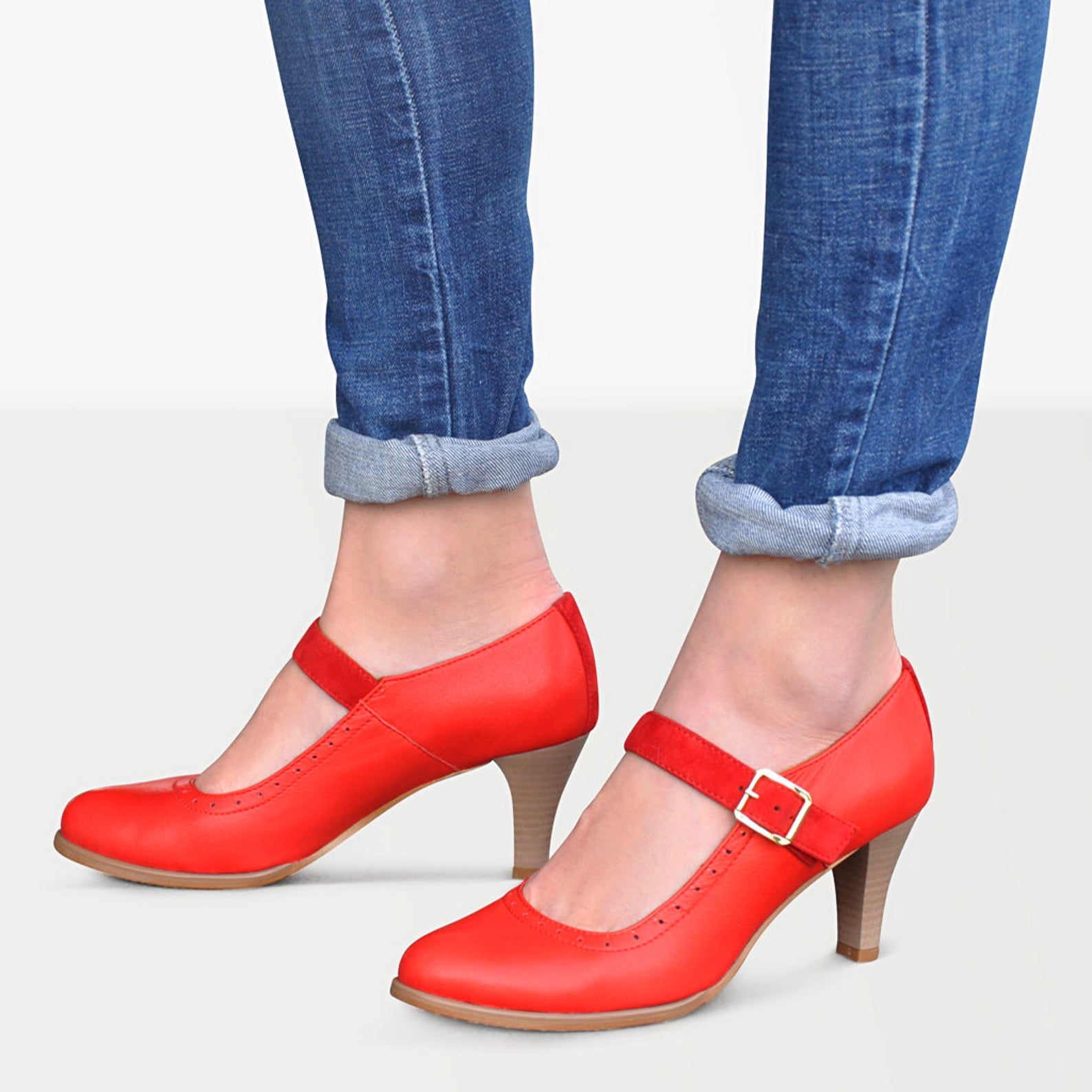 JANE Low Block Heel Mary Jane in Red Naplak | Russell & Bromley